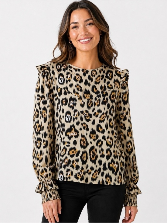 English Factory Tops - ENGLISH FACTORY Animal Print Ruffle Shoulder Long-Sleeve Top Blouse Sz. Medium